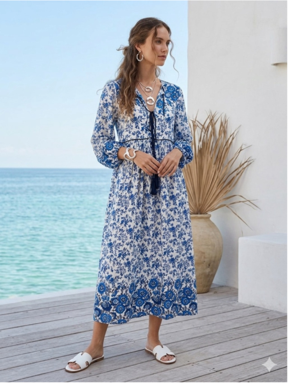 R.Vivimos Blue White Floral Maxi Dress S Coastal Minimalist Boho Balloon Sleeve